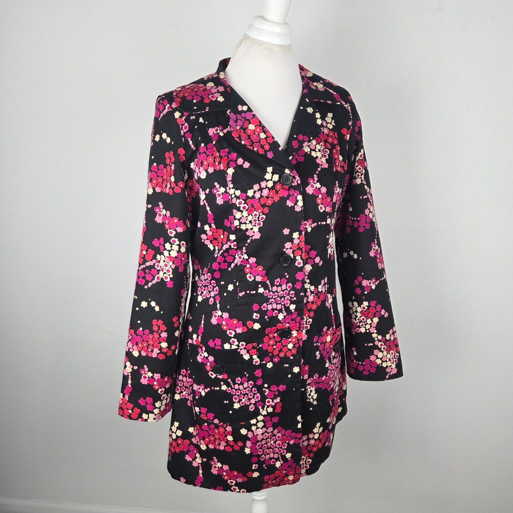 Angie Trench Coat Black Pink Red Floral Pea Coat Large Feminine Coquette